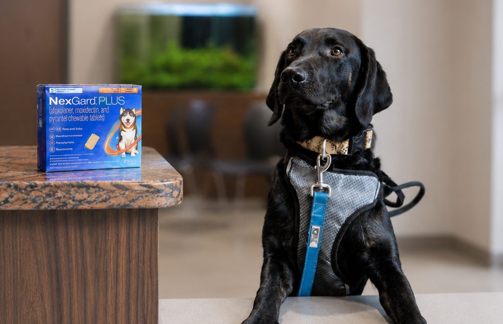Black lab standing next to heartworm prevention box